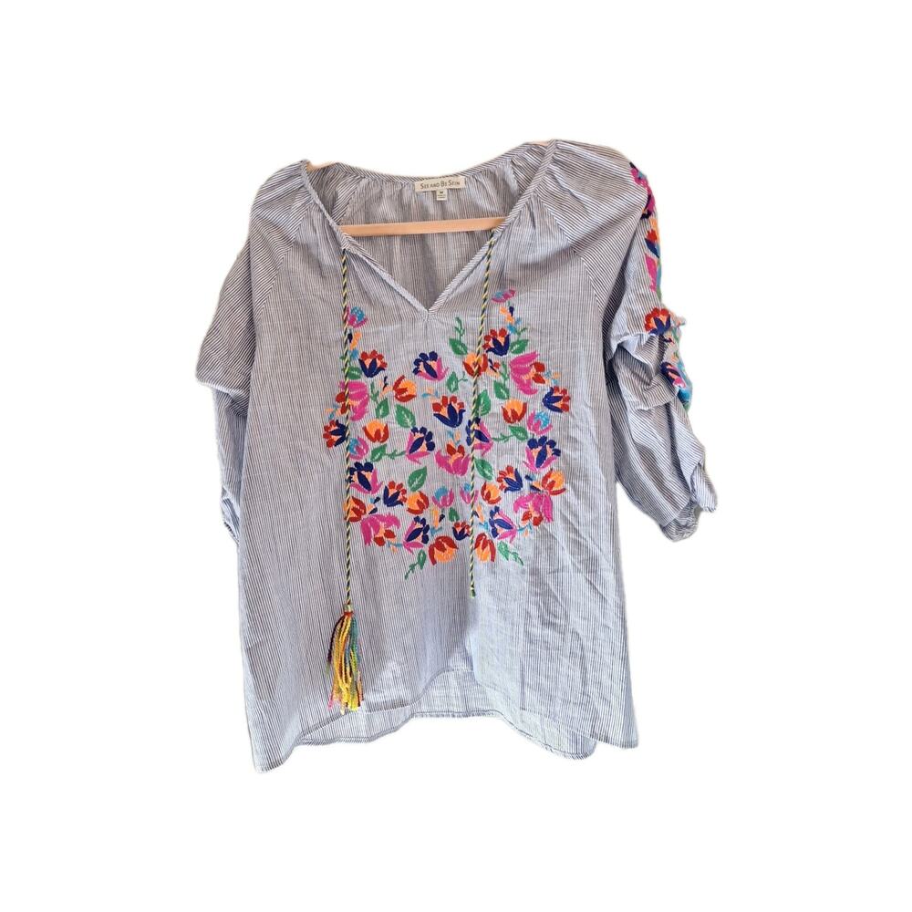 See And Be Seen Size M Women's Embroidered Boho Pullover Blouse